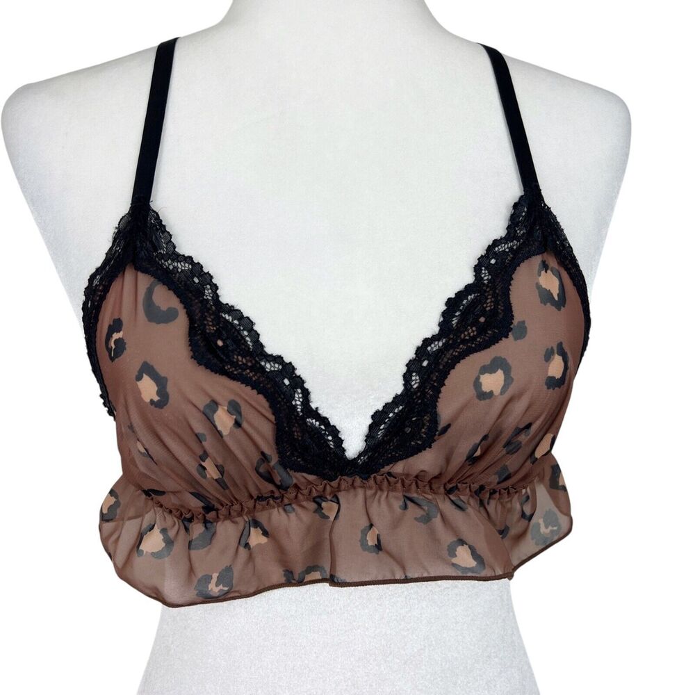 Mentionables Bralette Women Small Brown Leopard Print Black Lace Intimates
